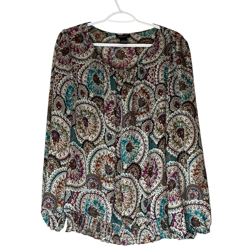 Spense Blue & Purple Sheer Floral Print Long Sleeve Blouse Size Large